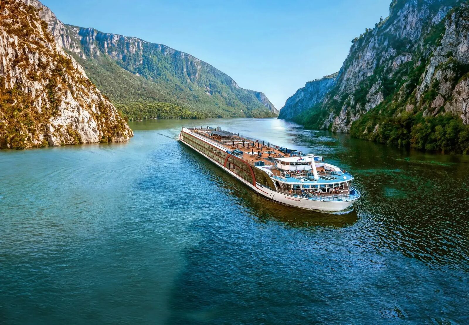 AmaMagna sailing through the Iron Gates gorge on the Danube