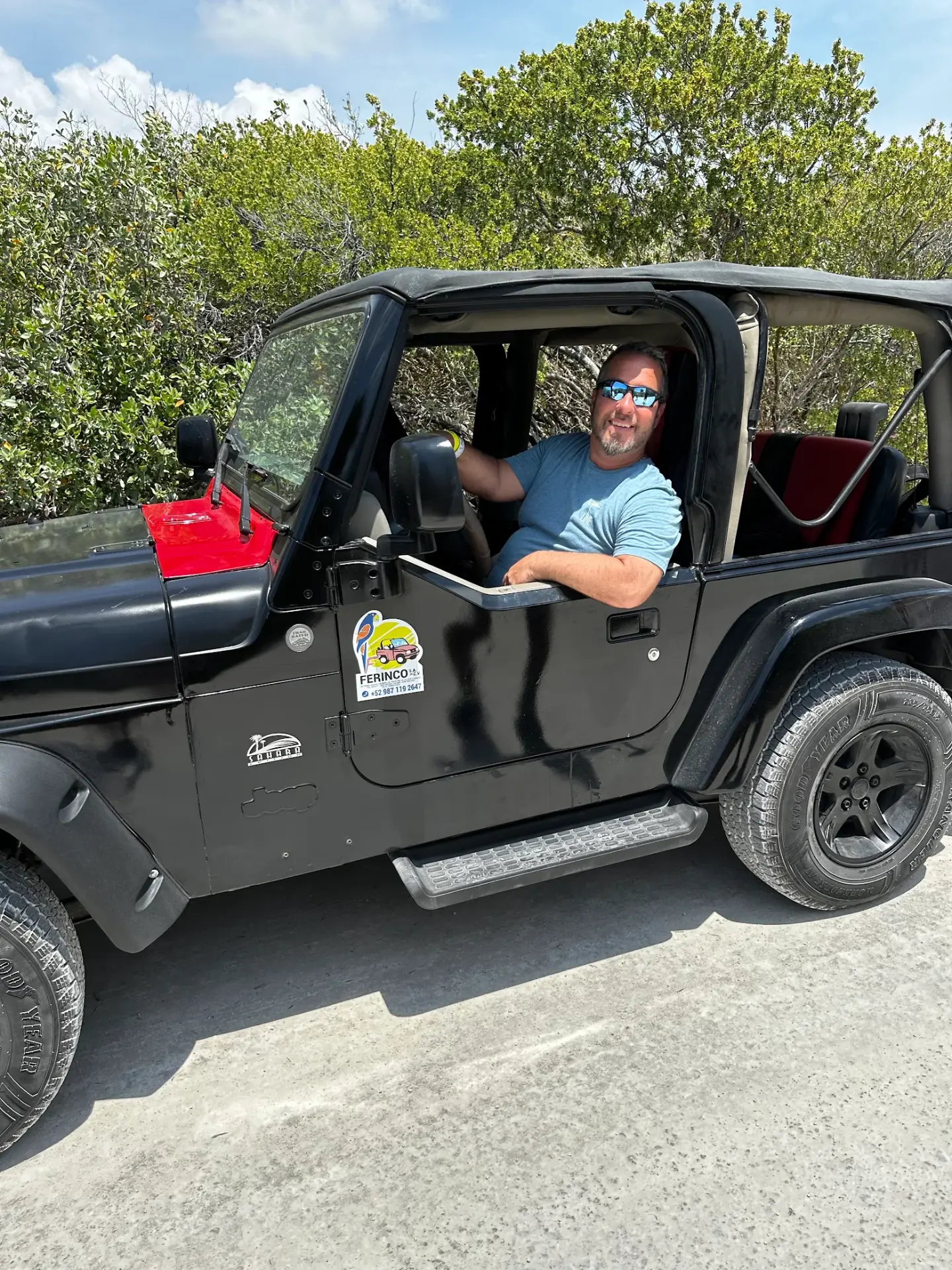 Todd in a Jeep during the Cozumel island tour