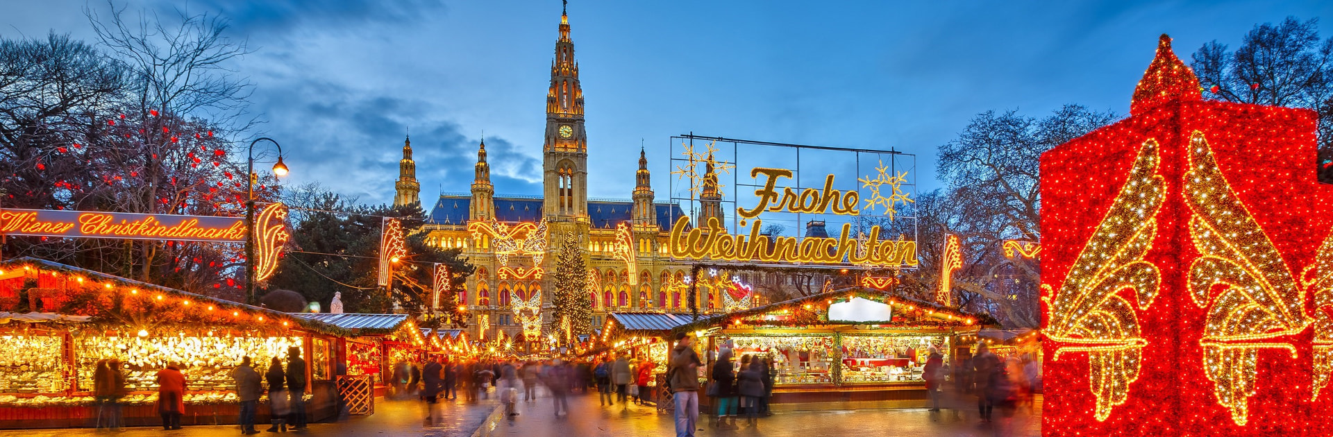 Christkindlmarkt Christmas market stalls in front of Vienna City Hall, Austria