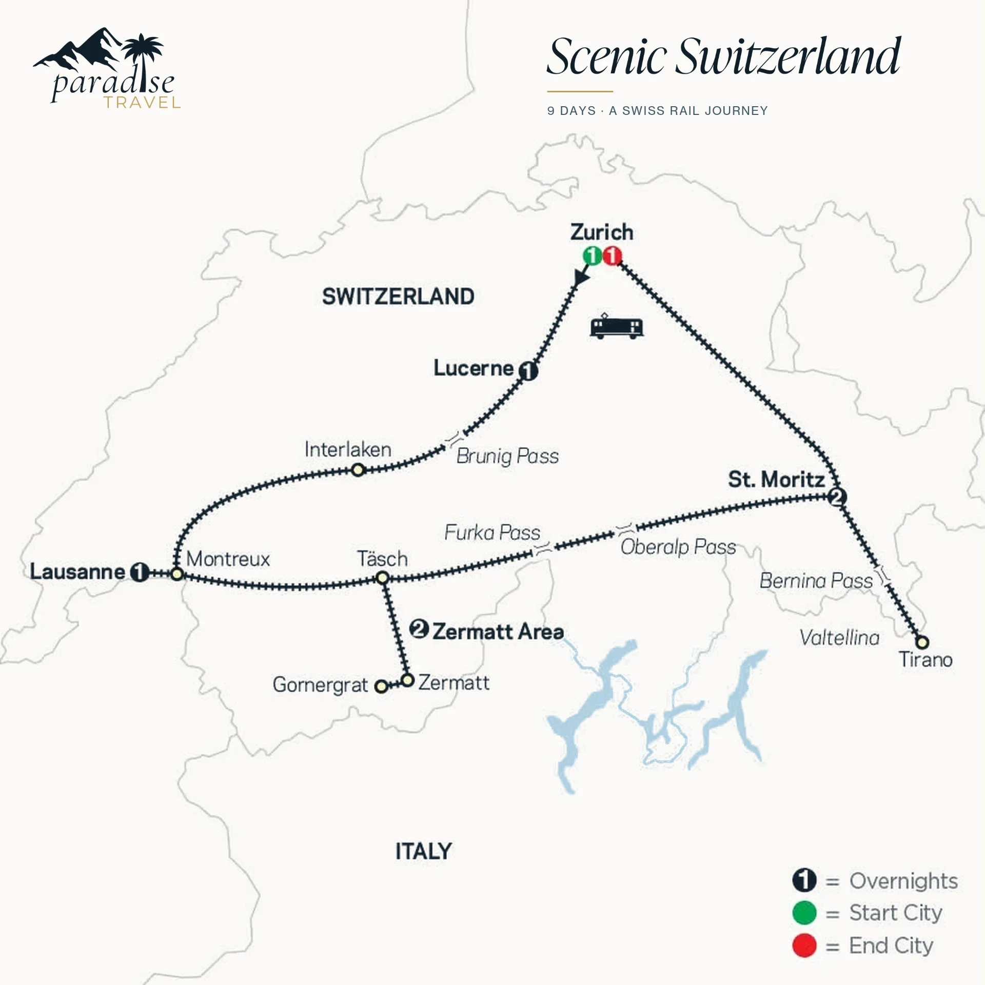 Map of a nine-day Swiss rail route linking Zürich, Lucerne, Lausanne, the Zermatt area and St. Moritz