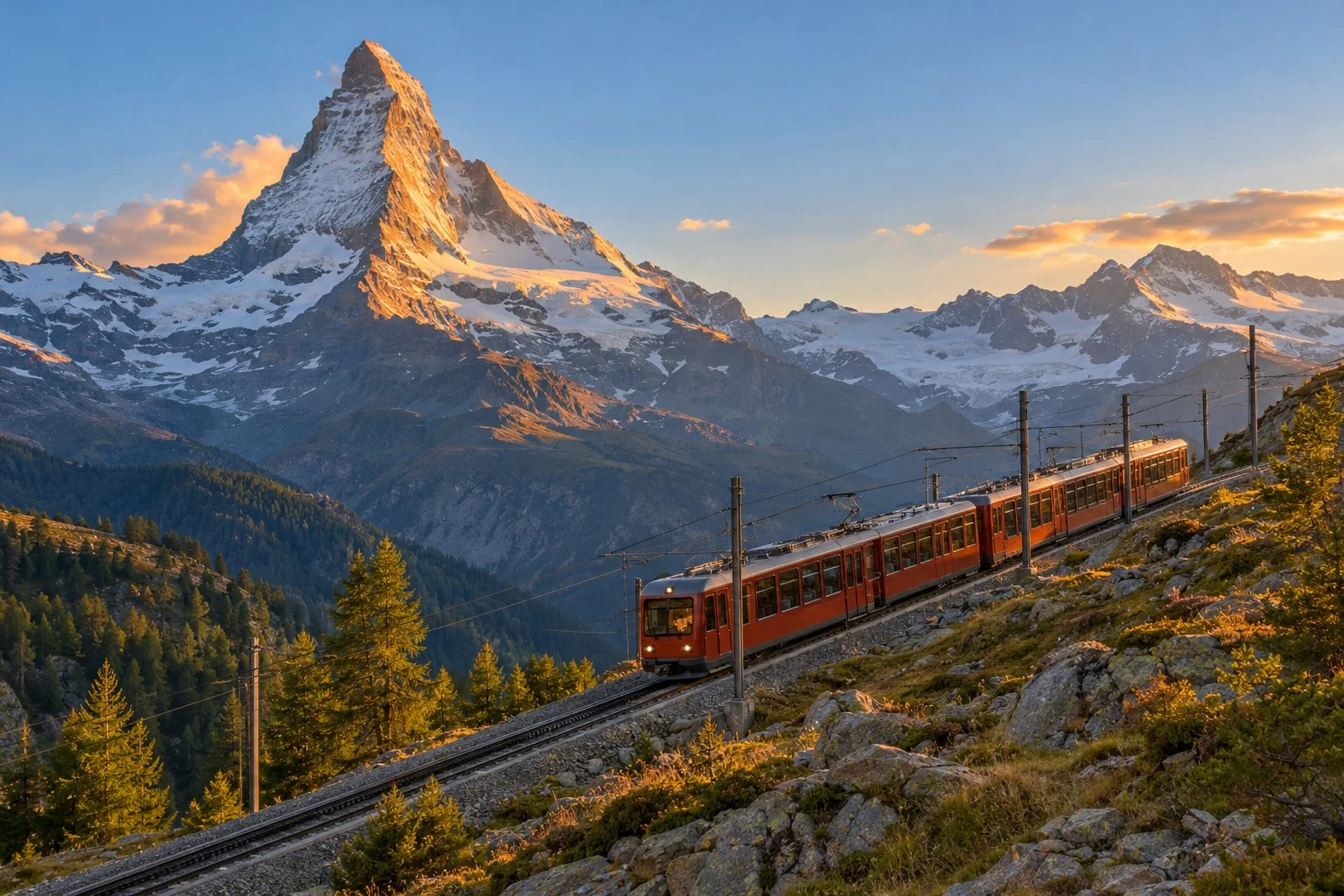 Red mountain train on a rocky hillside beneath the Matterhorn in golden evening light