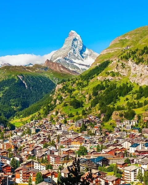 Car-free village of Zermatt beneath the Matterhorn in summer
