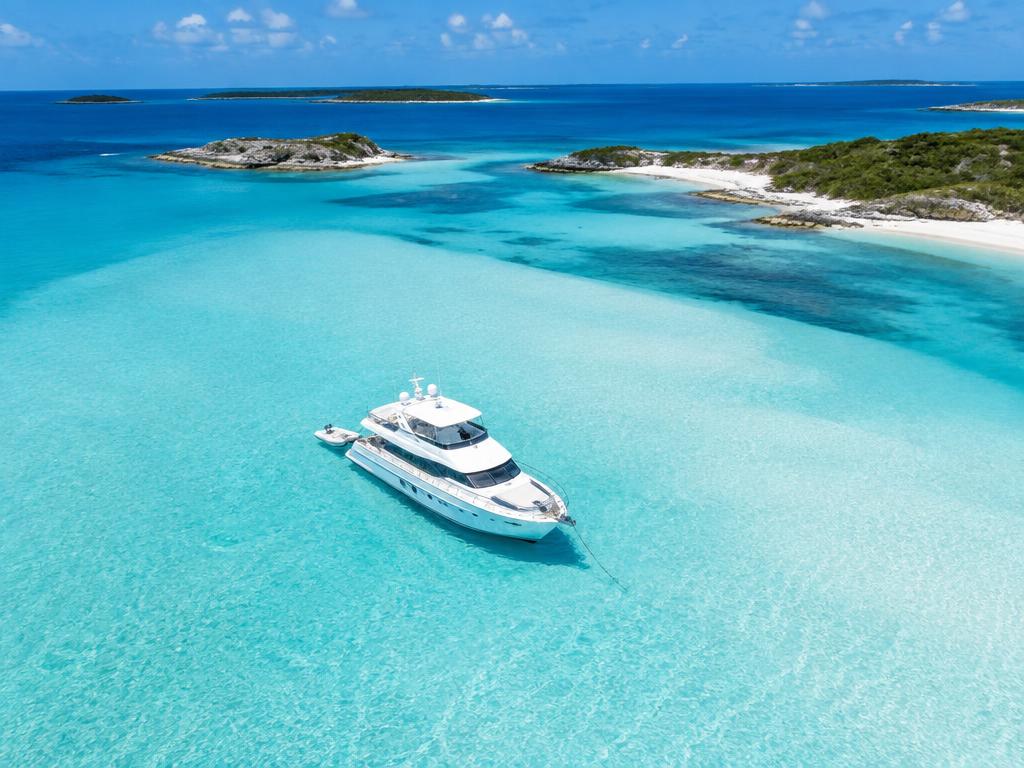 Motor yacht anchored beside a pale sandbar
