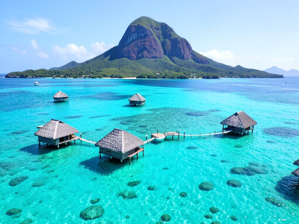 Overwater bungalows on Bora Bora lagoon, French Polynesia