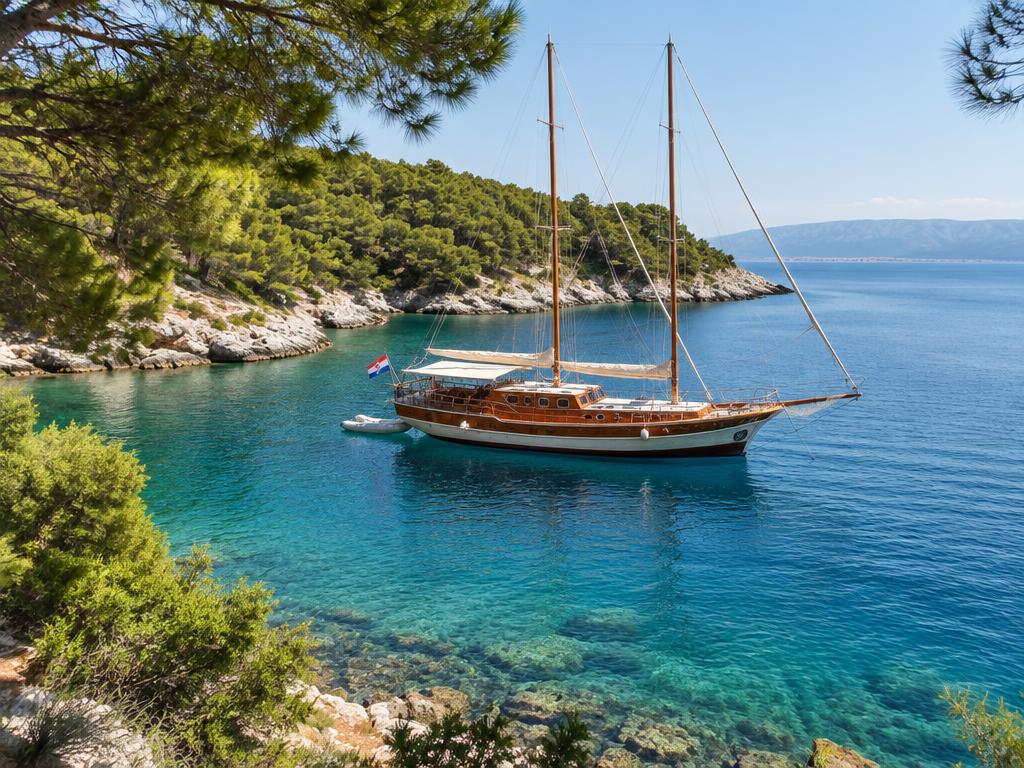 Wooden gulet anchored in a rocky Mediterranean cove