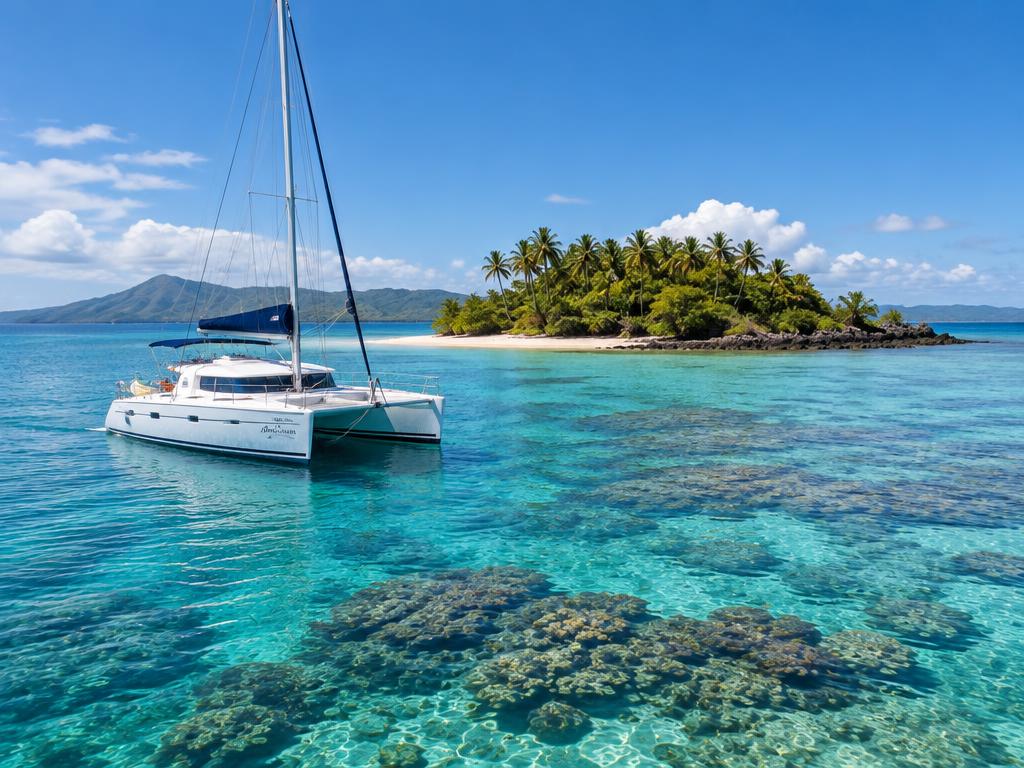Catamaran near a small green island and coral reef