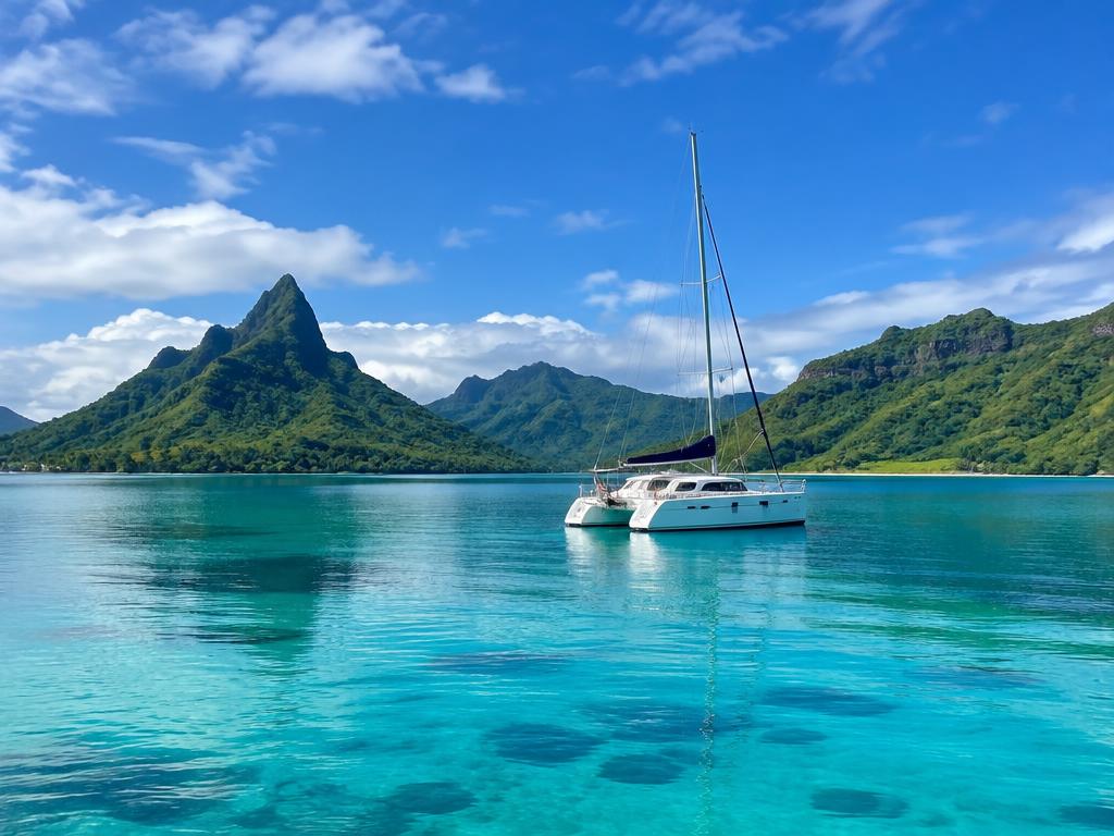 Catamaran crossing a calm South Pacific lagoon