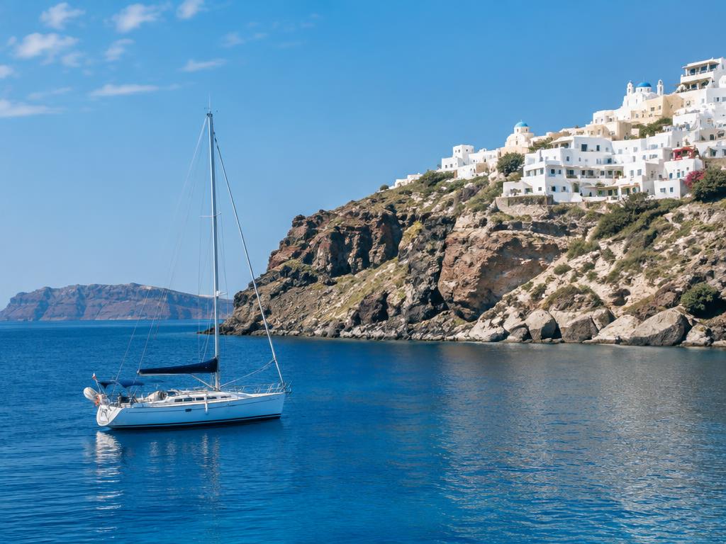 Sailing yacht anchored off a whitewashed island