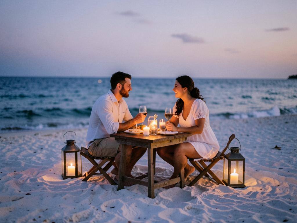 Couple on a private beach dinner, luxury honeymoon travel