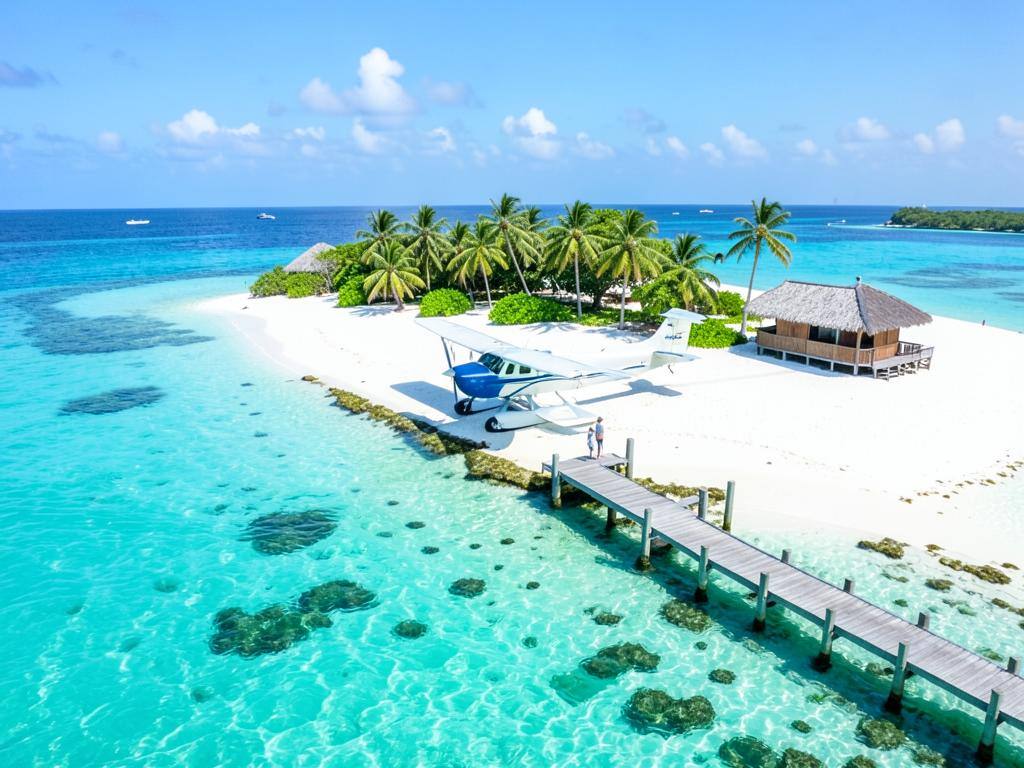 Seaplane arriving at a private island resort in the Maldives
