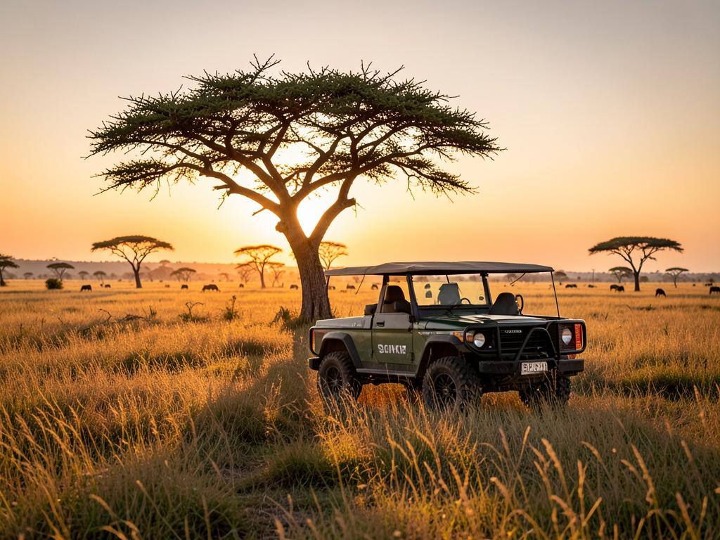 Safari vehicle at dawn in the Masai Mara, Kenya