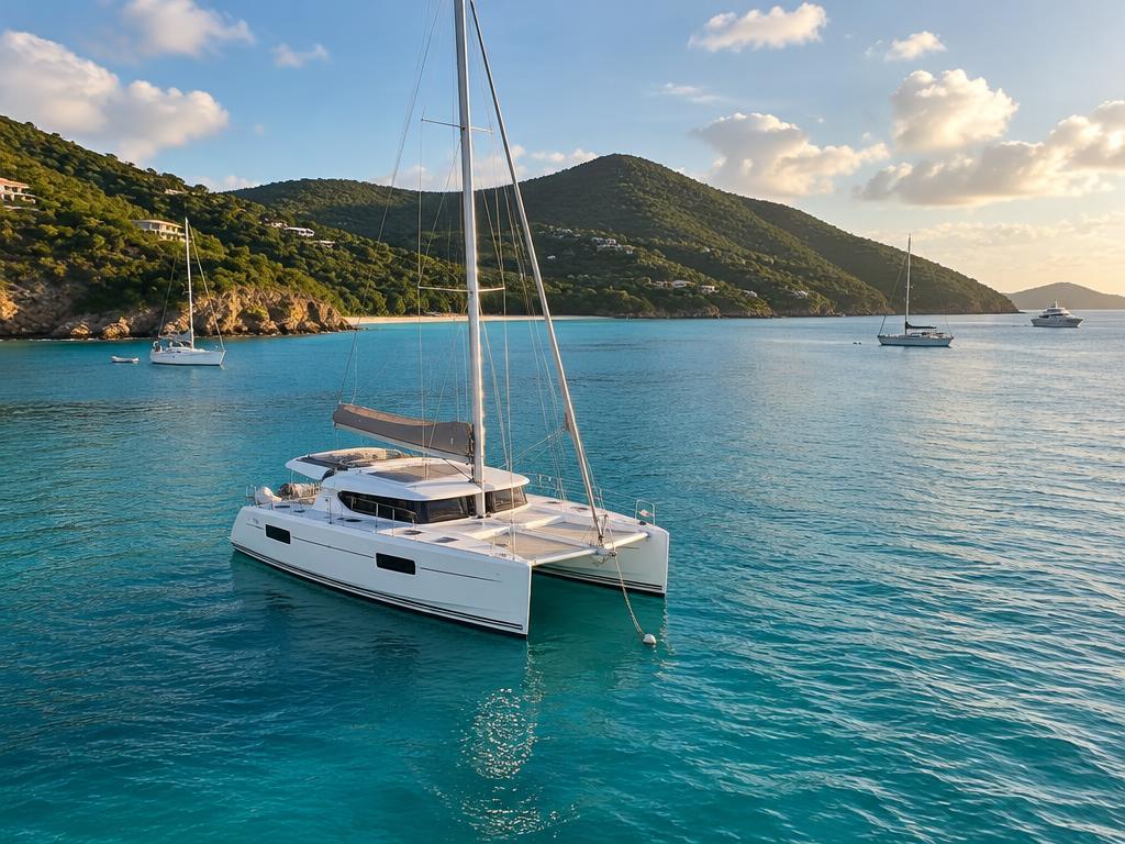 Private catamaran at anchor in clear water