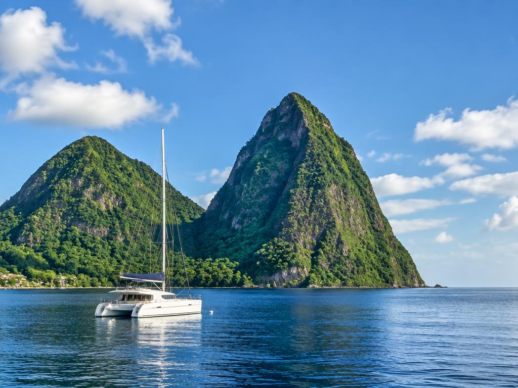 Catamaran anchored below steep green peaks