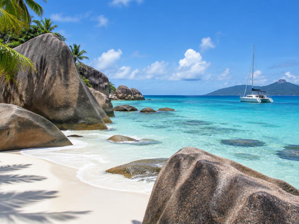 Catamaran sailing past granite boulders and palms