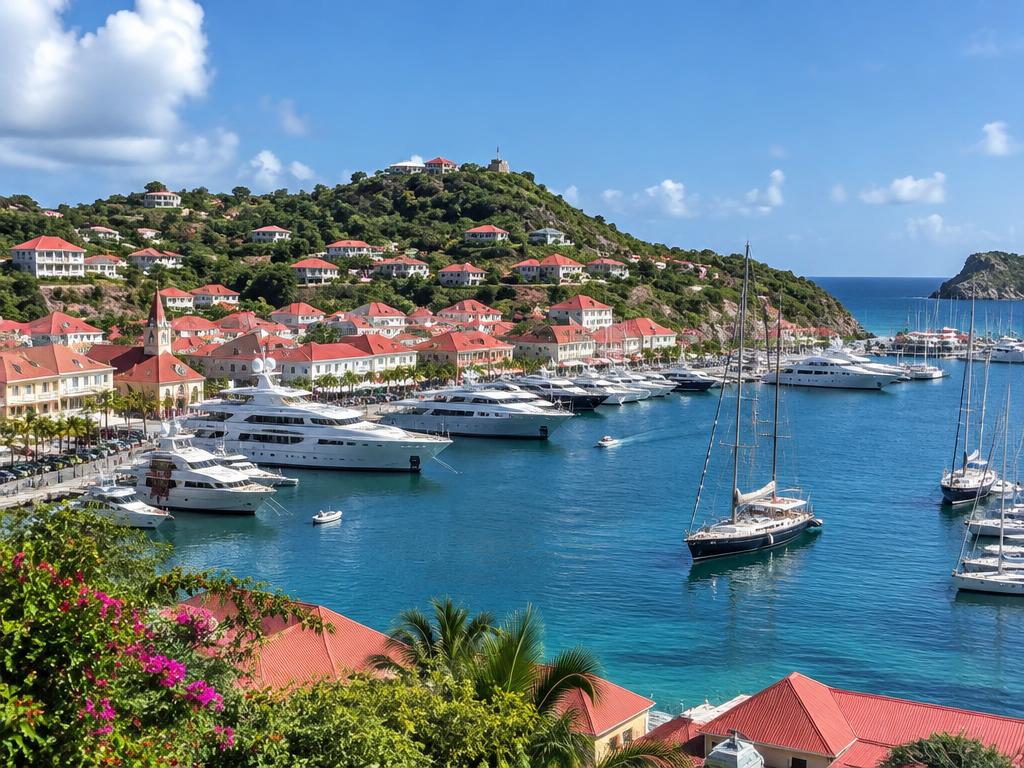 Motor yachts gathered in a Caribbean harbor