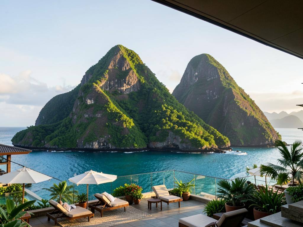 The Pitons from a resort terrace in St. Lucia