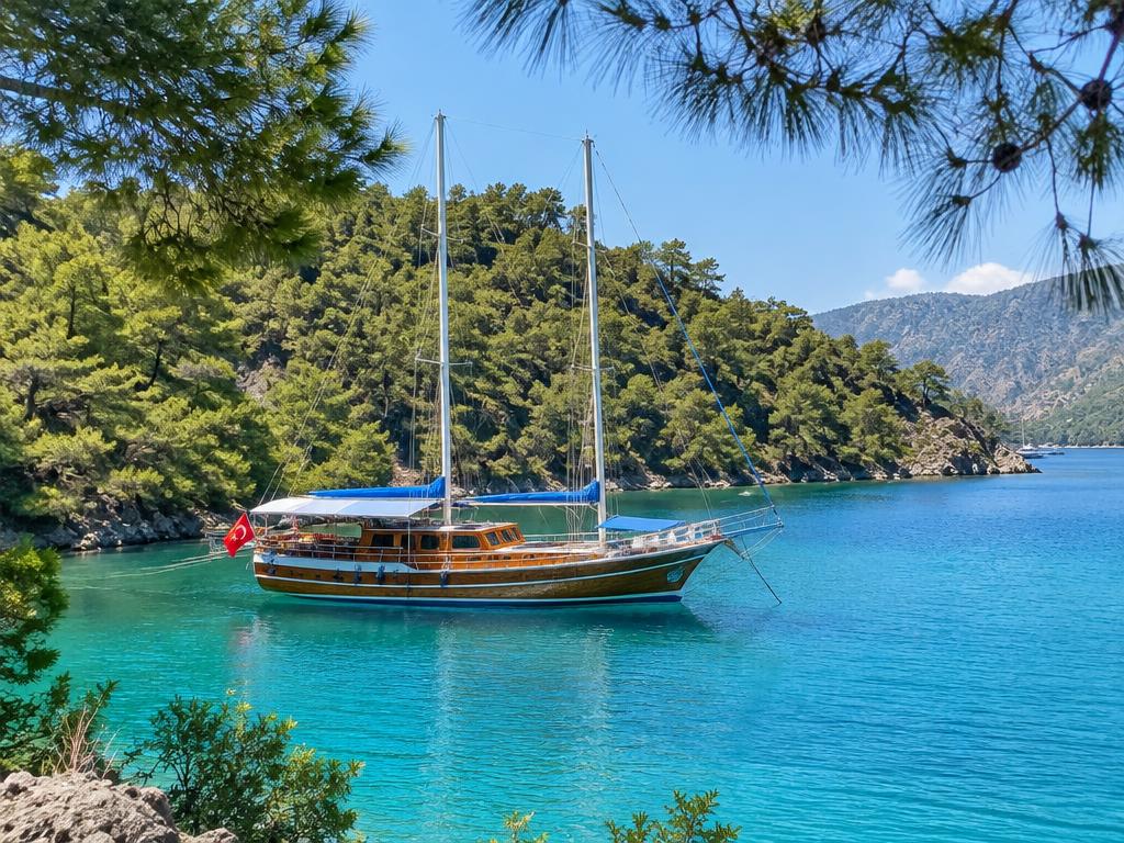 Traditional gulet anchored in a pine-backed bay