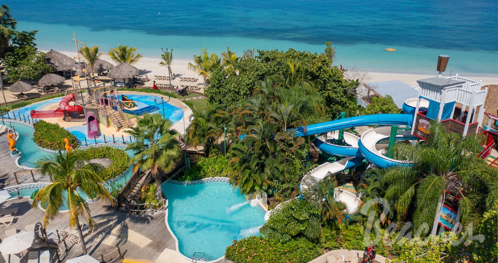 Aerial view of Pirate's Island waterpark complex at Beaches Negril, Jamaica